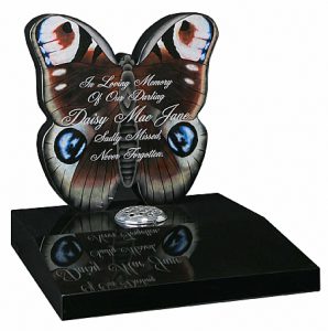 Granite Black & Coloured Butterfly Headstone - 16140