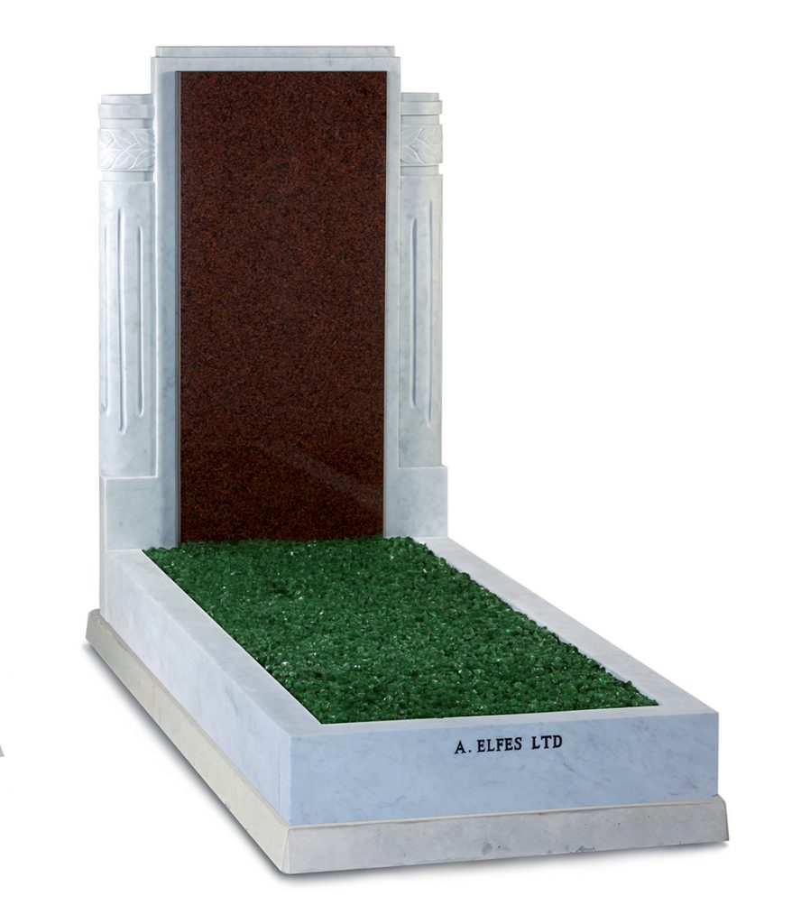 Italian White Marble & Ruby Red Granite Headstone with Green Chippings - ES15C